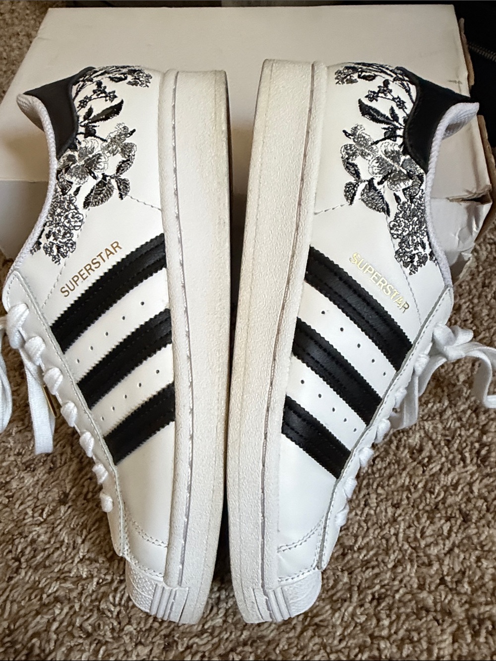 adidas White Leather Sneakers with Black Stripes & Floral Detail - Picture 12 of 12